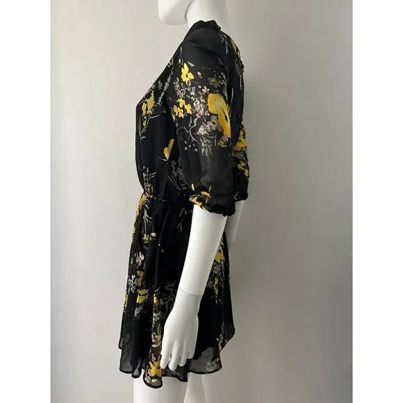 Womens Lucca Couture Black Yellow Flower Sz S Boho Chic 3/4 Sleeve Flowy Dress S - Picture 2 of 6